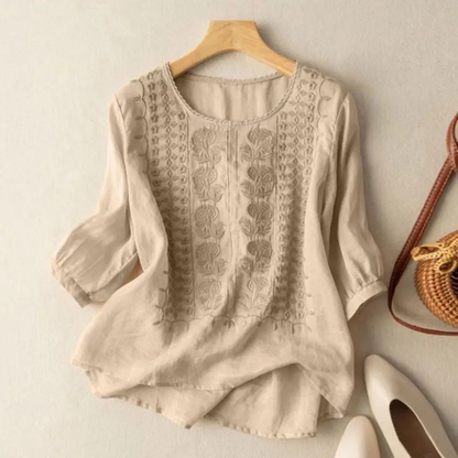 Lucette Cotton Embroidered Three-Quarter Sleeve Blouse