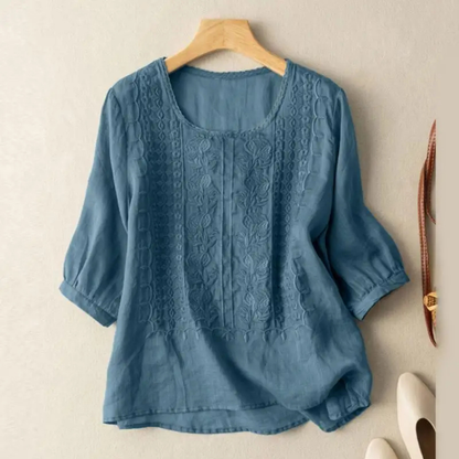 Lucette Cotton Embroidered Three-Quarter Sleeve Blouse