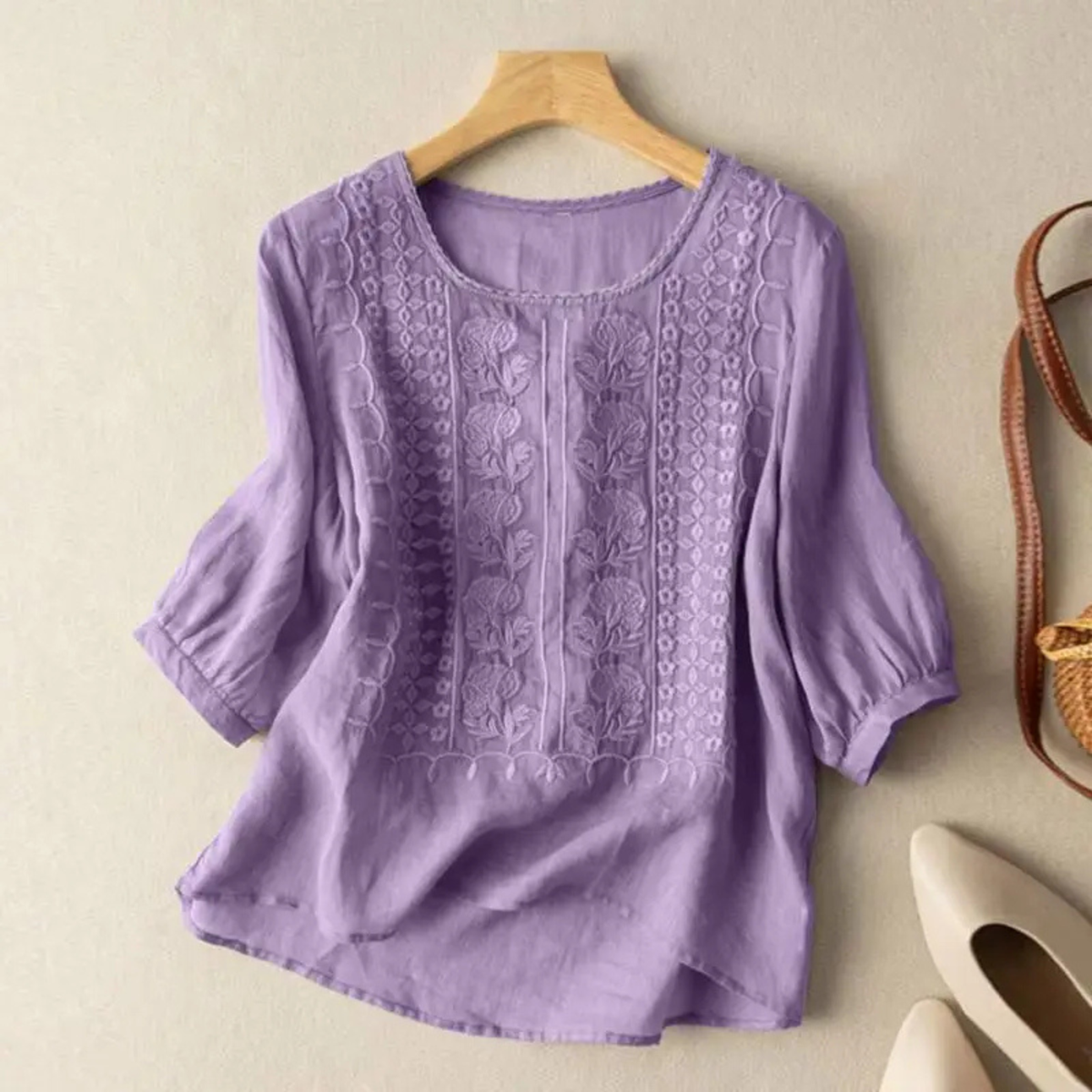 Lucette Cotton Embroidered Three-Quarter Sleeve Blouse