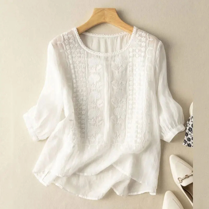 Lucette Cotton Embroidered Three-Quarter Sleeve Blouse