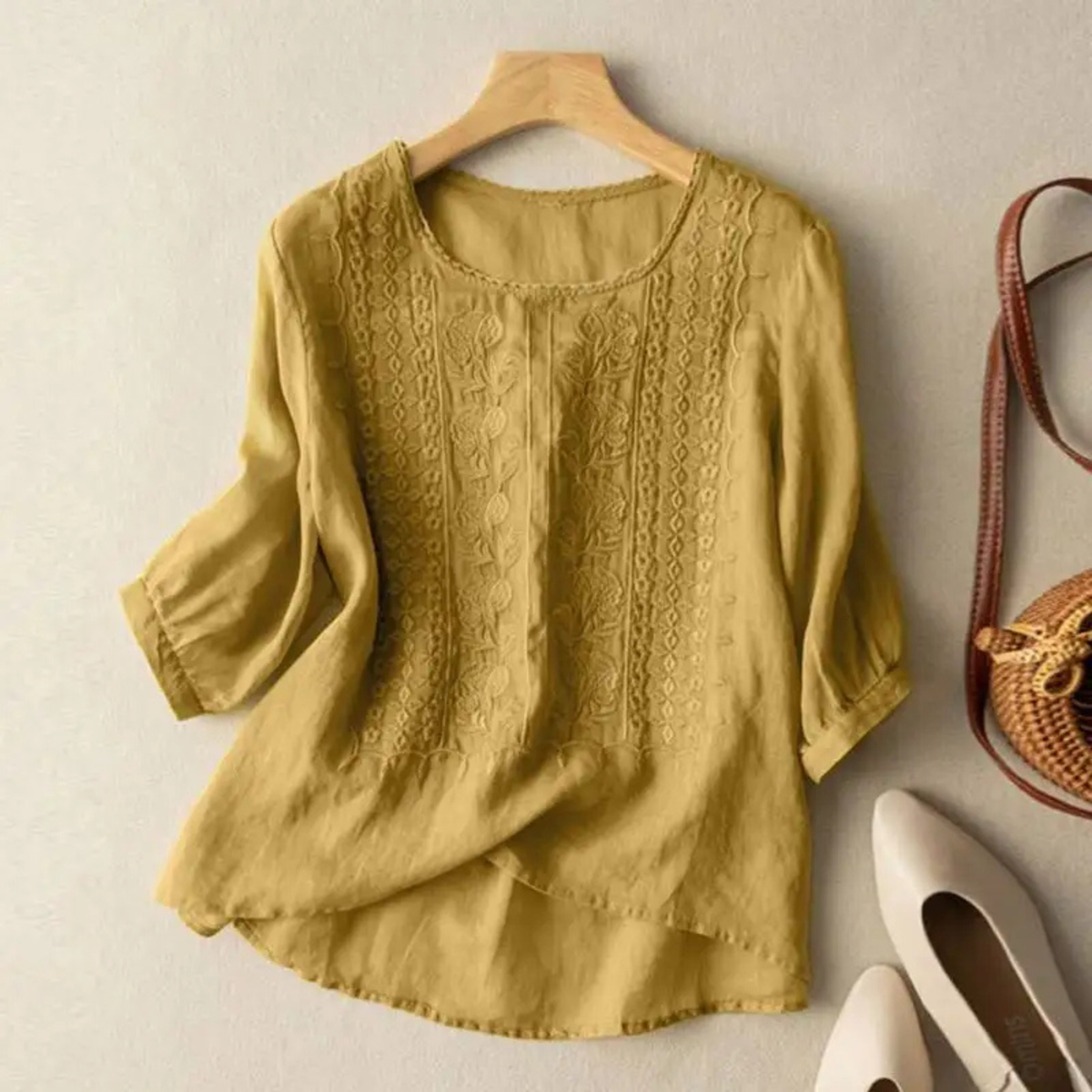 Lucette Cotton Embroidered Three-Quarter Sleeve Blouse