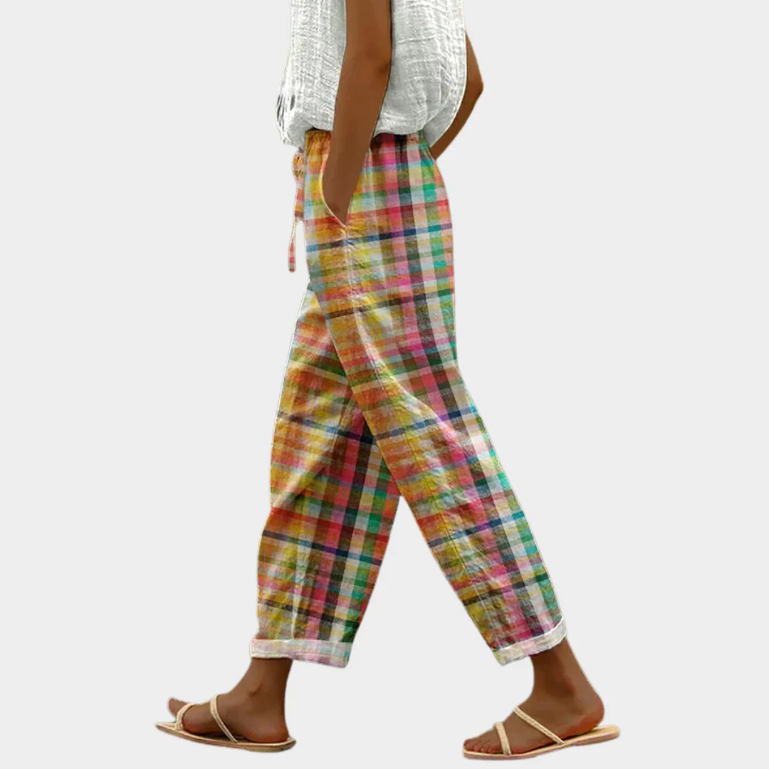 Waldrade Cropped Linen Plaid Drawstring Trousers