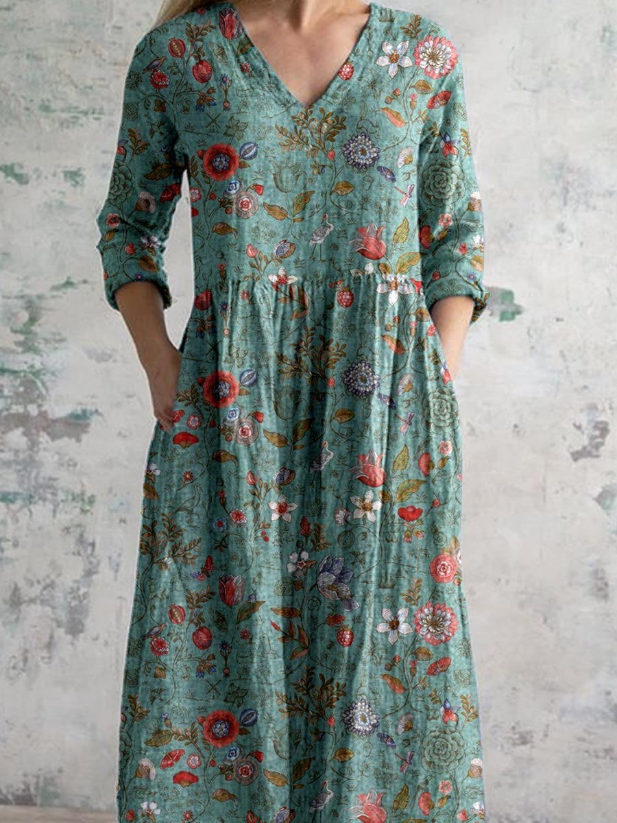 Honorate Floral V-Neck Maxi Dress with Pockets