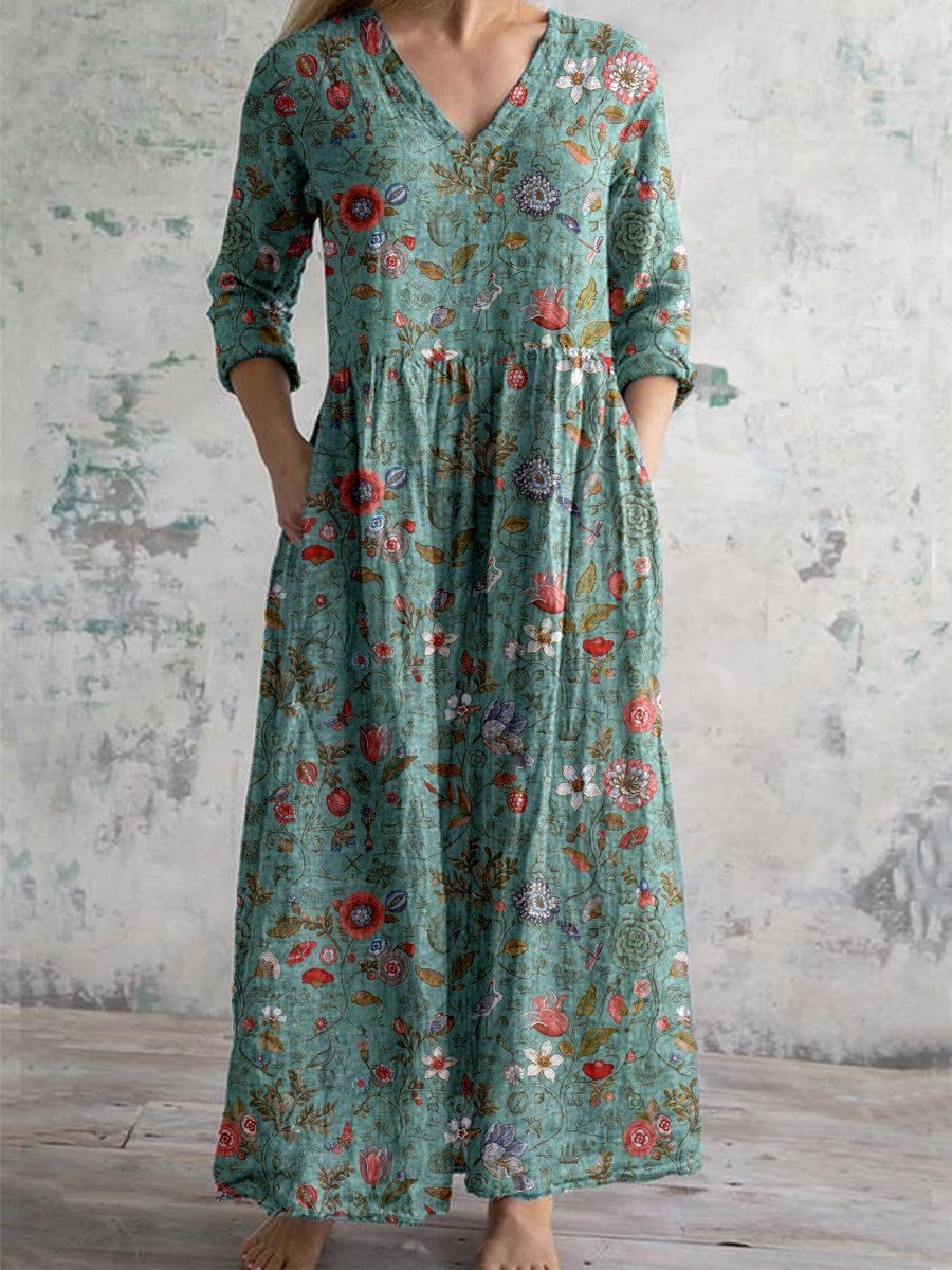 Honorate Floral V-Neck Maxi Dress with Pockets