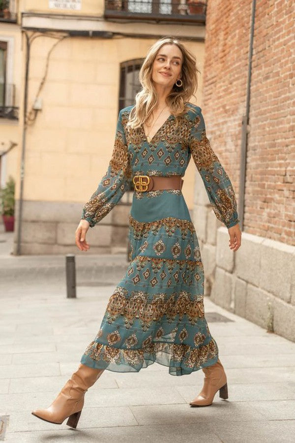 Isabelot V-Neck Puff Sleeve Tiered Midi Dress