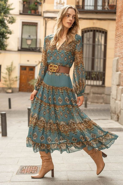 Isabelot V-Neck Puff Sleeve Tiered Midi Dress