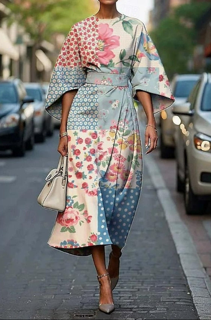 Quintine Floral Midi Dress with Kimono Sleeves and Belt