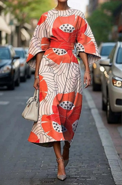 Quintine Floral Midi Dress with Kimono Sleeves and Belt