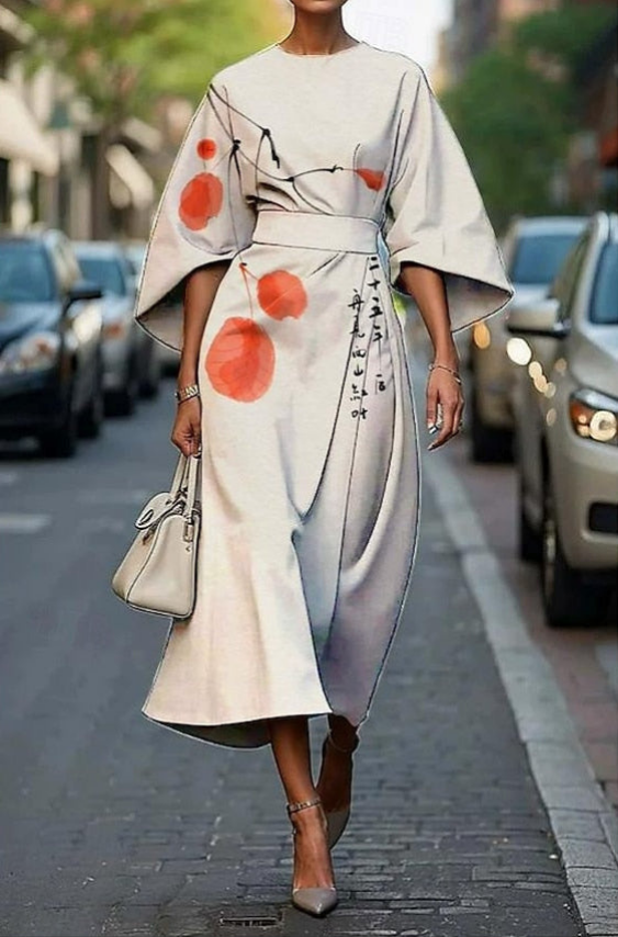 Quintine Floral Midi Dress with Kimono Sleeves and Belt