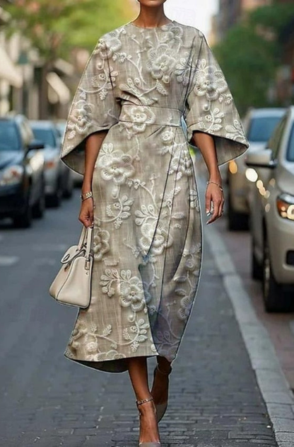 Quintine Floral Midi Dress with Kimono Sleeves and Belt
