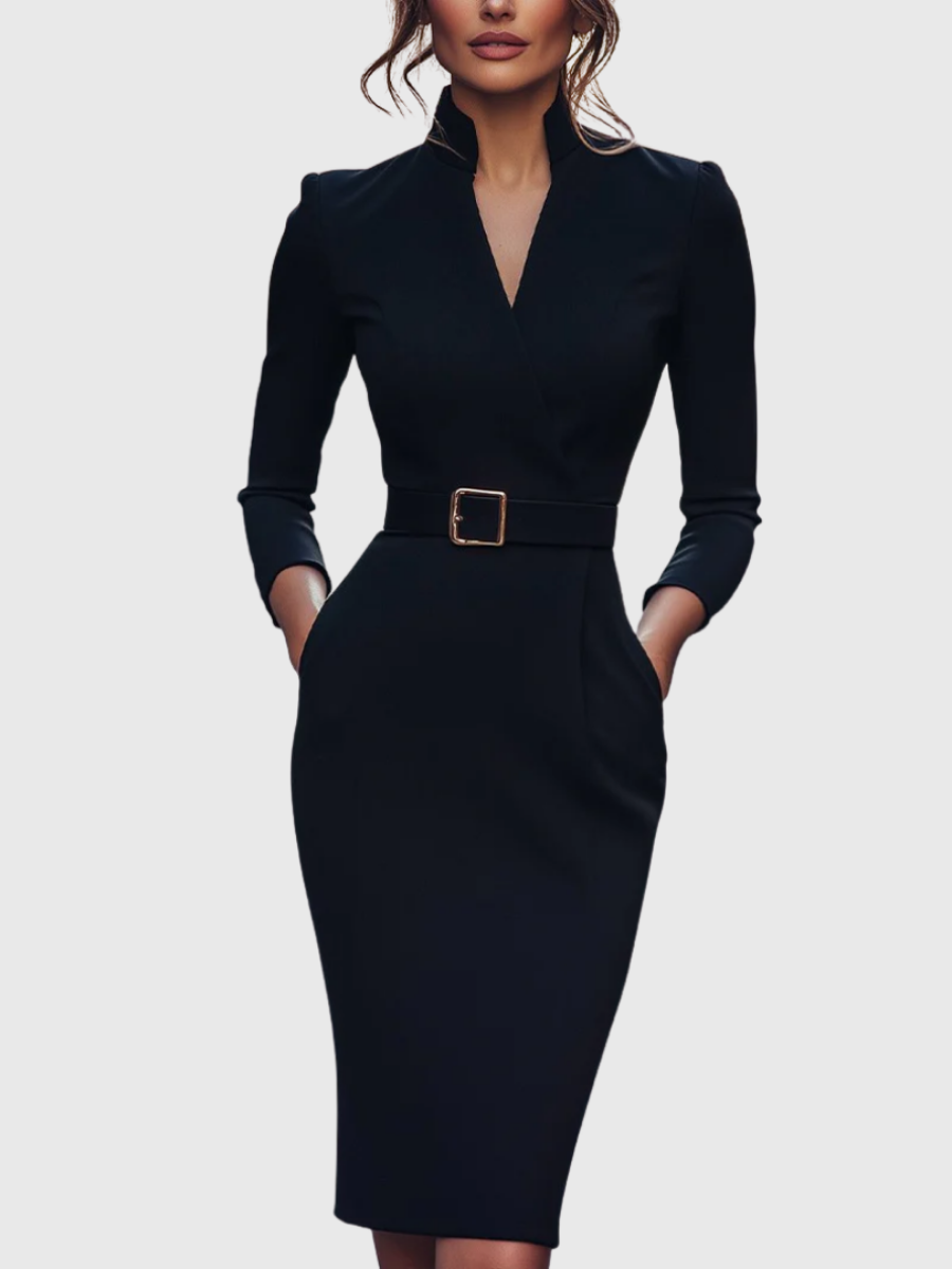 Bourgine Belted V-Neck Midi Pencil Dress