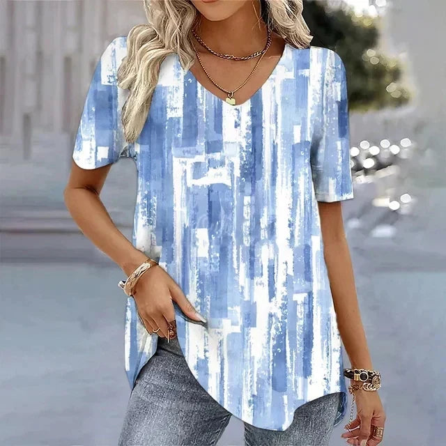 Chrysanthi Floral Top with V-Neck and Short Sleeves