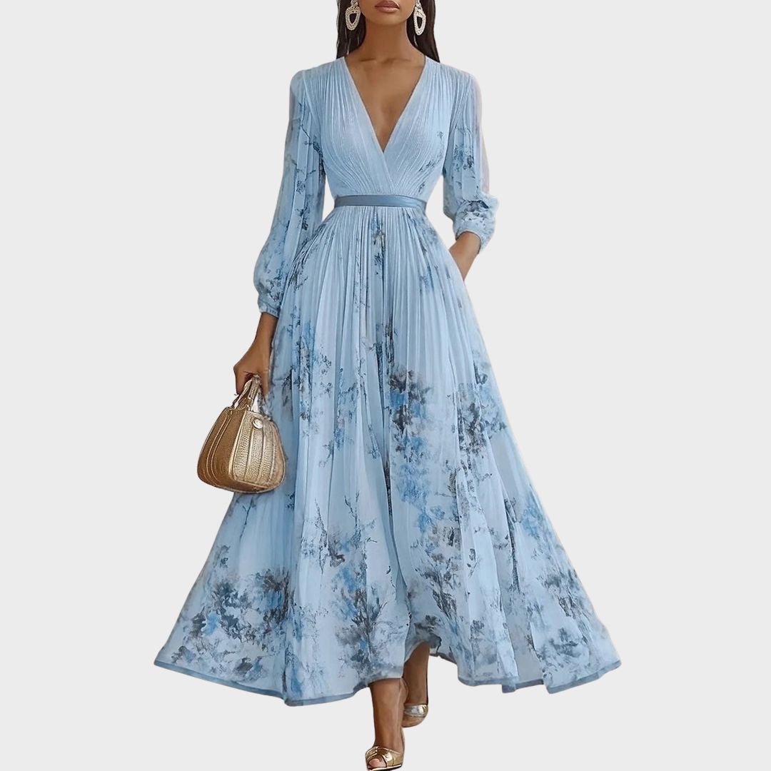 Belisa Pleated Maxi Dress with V-Neck