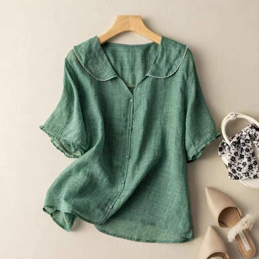 Nevena Button-Down Blouse with Scalloped Collar