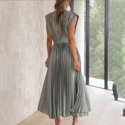 Anahit Wedding Guest Pleated Midi Dress with V-Neck