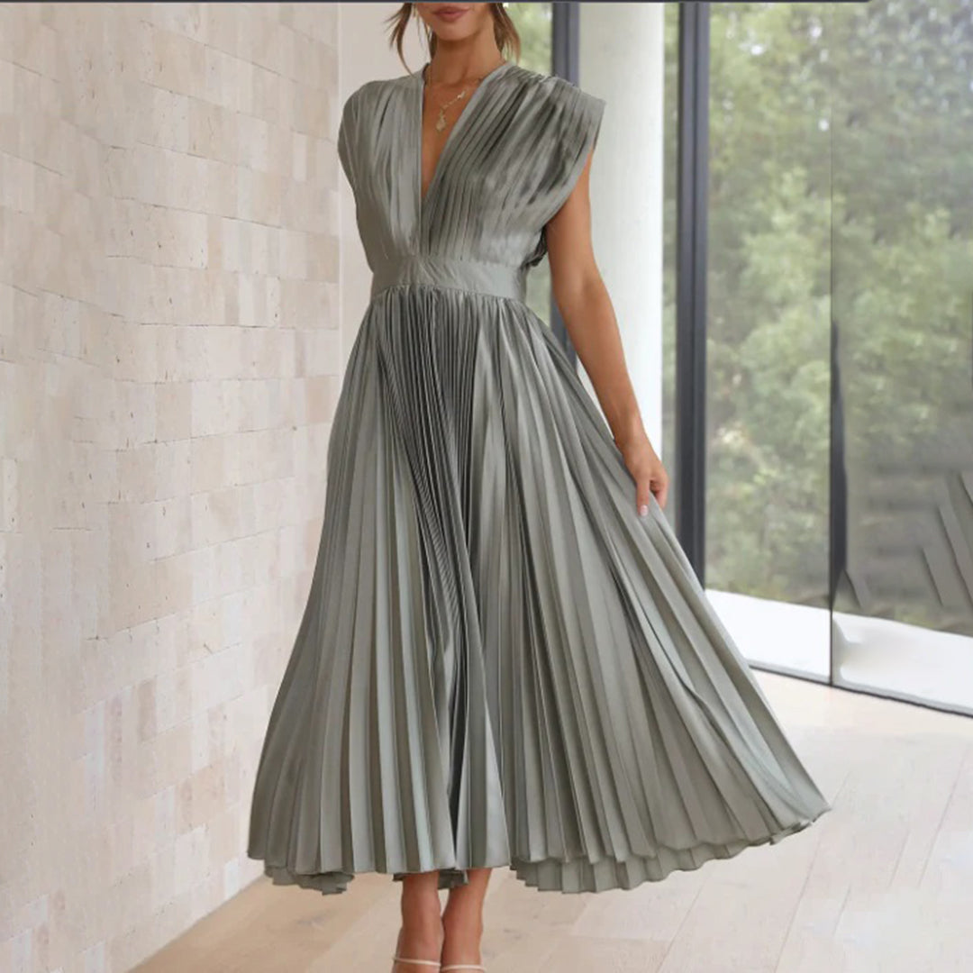 Anahit Wedding Guest Pleated Midi Dress with V-Neck
