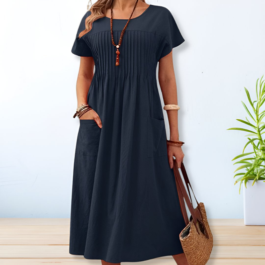Constanse Linen Pintuck Midi Dress with Front Pockets