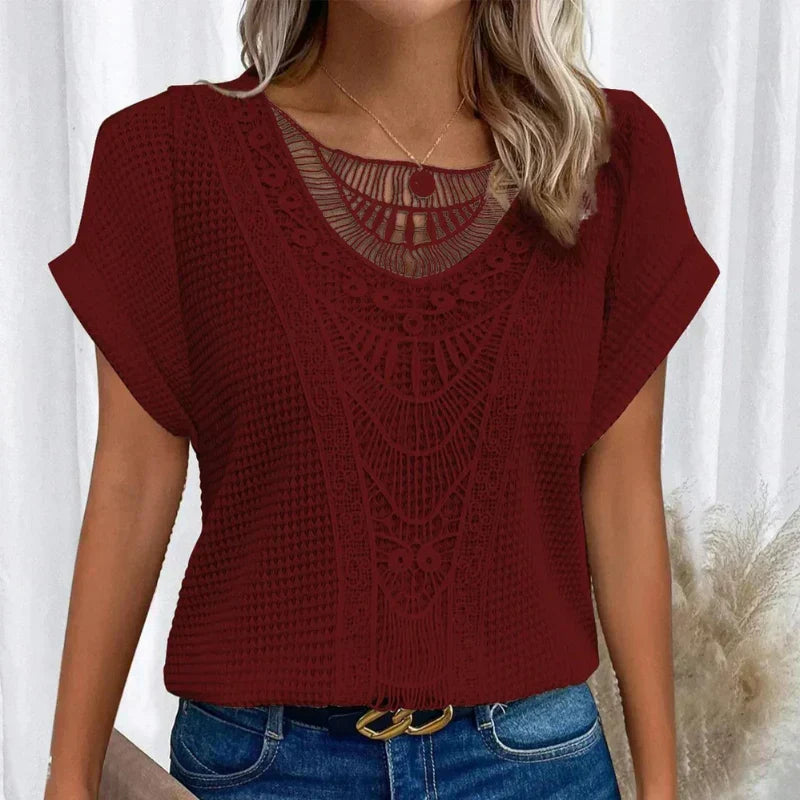 Ottavia Crochet Blouse with Crew Neck and Short Sleeves