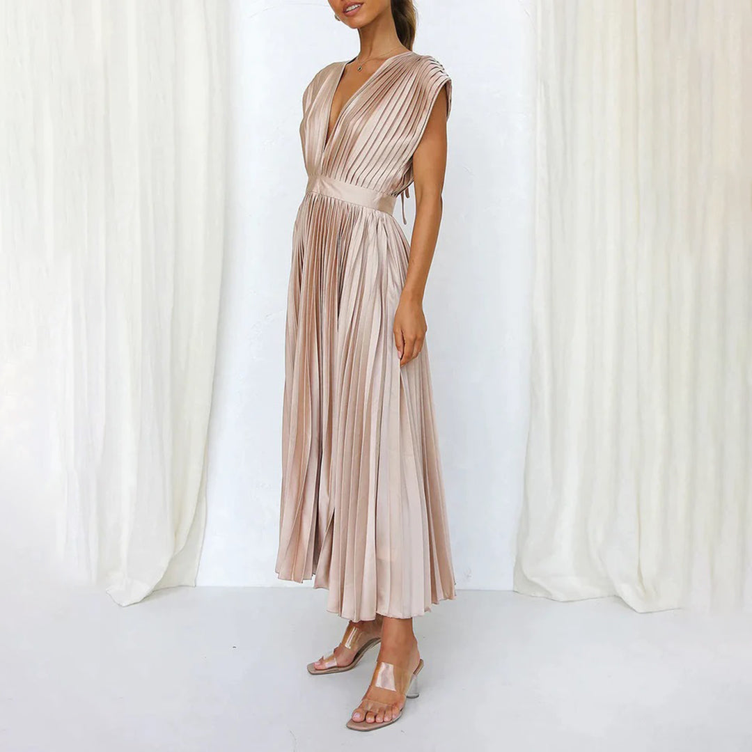 Anahit Wedding Guest Pleated Midi Dress with V-Neck