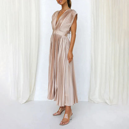 Anahit Wedding Guest Pleated Midi Dress with V-Neck