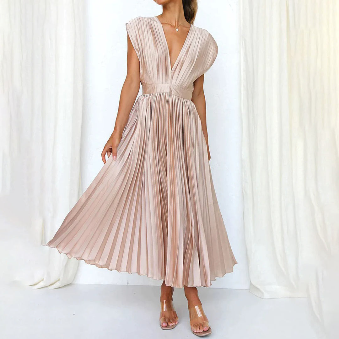 Anahit Wedding Guest Pleated Midi Dress with V-Neck