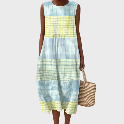 Doucette Plaid Midi Dress with Round Neck