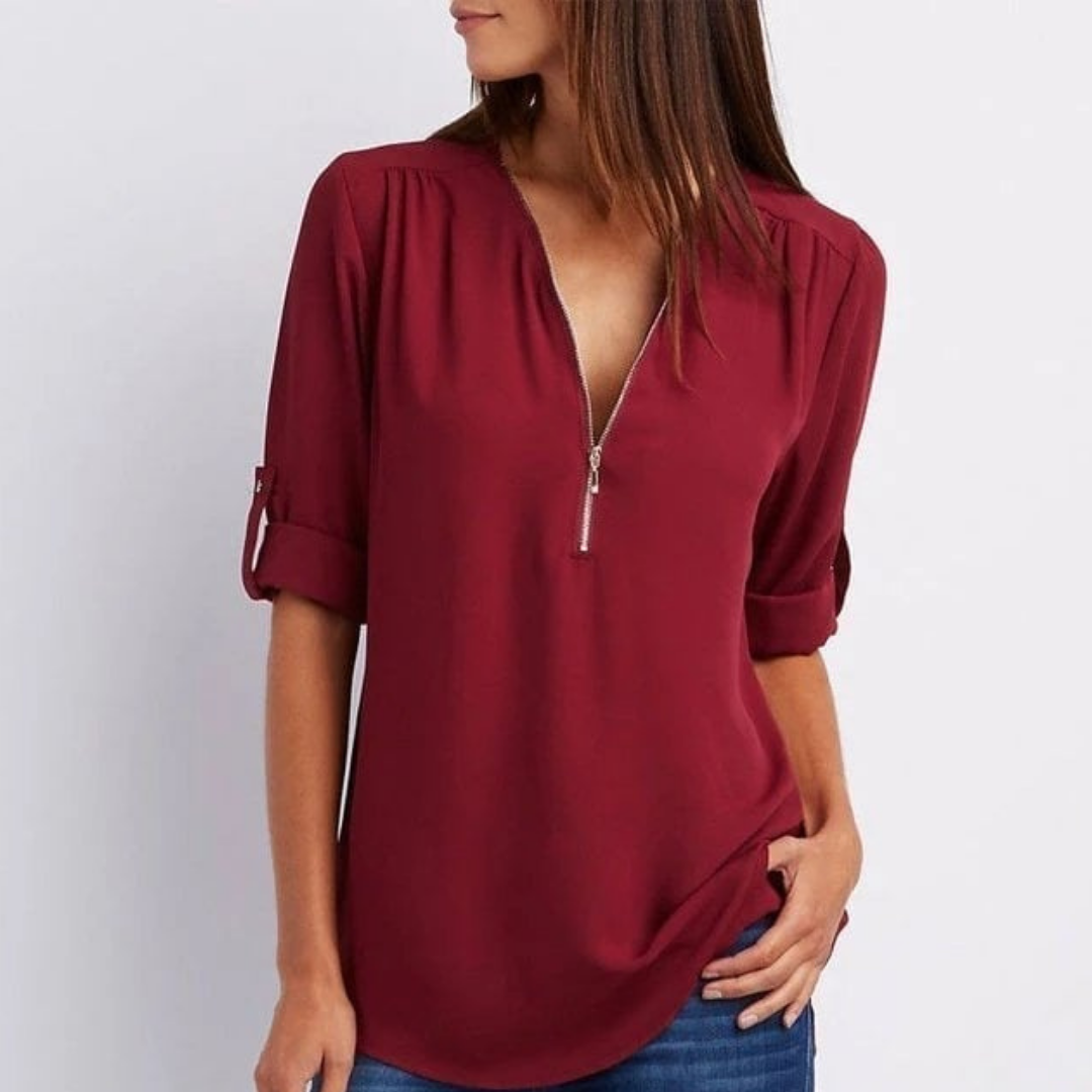 Mathiole V-Neck Roll-Sleeve Blouse
