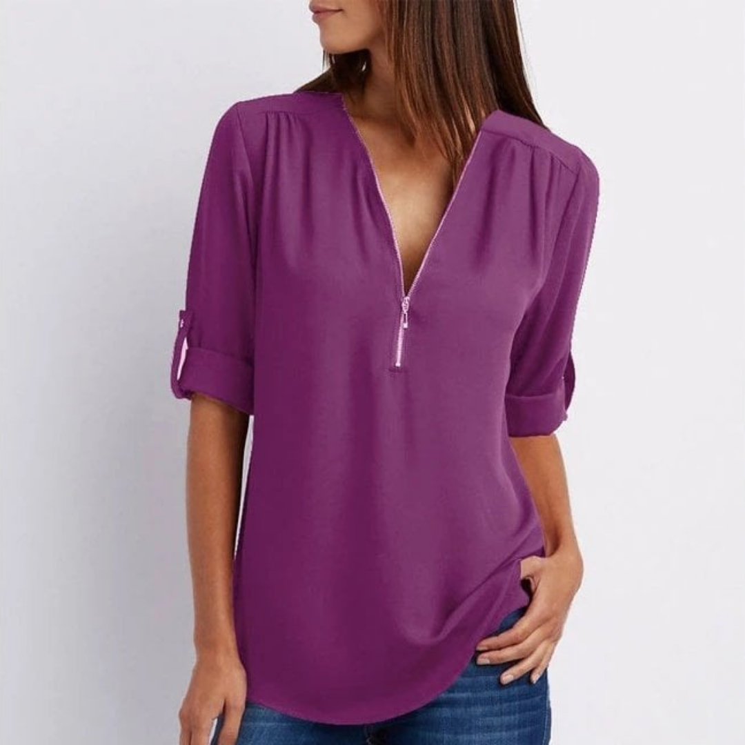 Mathiole V-Neck Roll-Sleeve Blouse