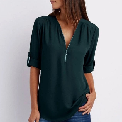 Mathiole V-Neck Roll-Sleeve Blouse