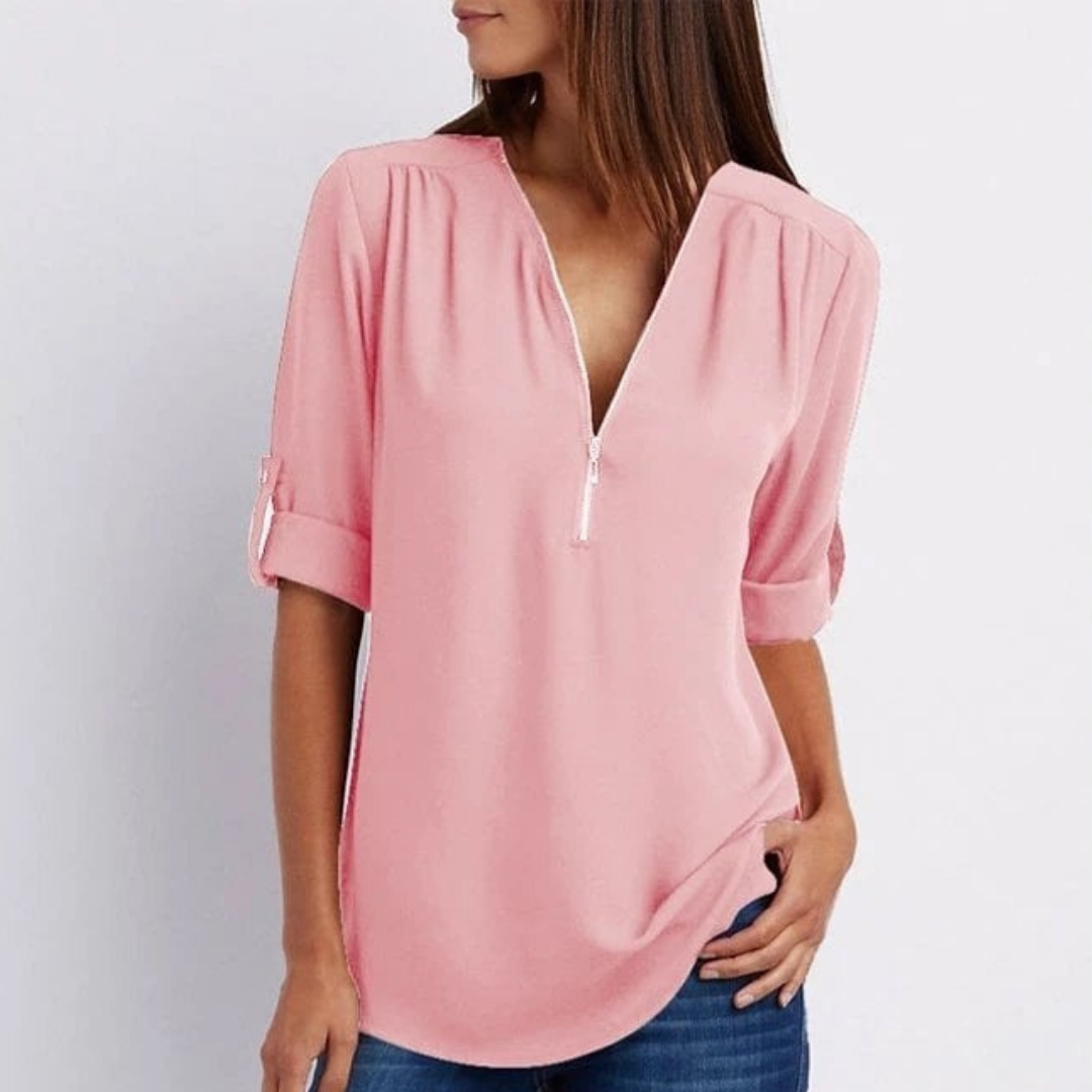 Mathiole V-Neck Roll-Sleeve Blouse
