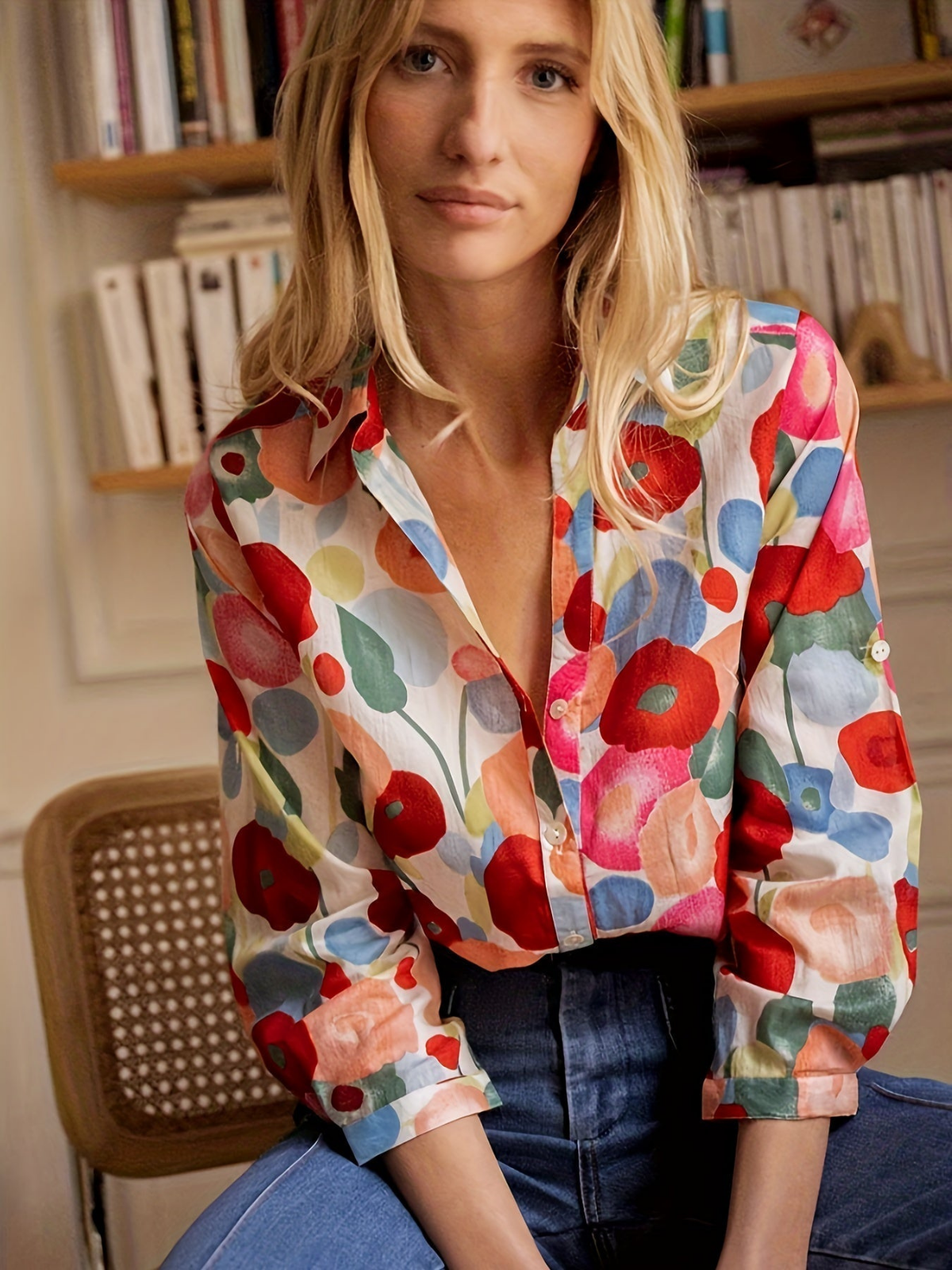 Ansfride Linen Floral Button-Down Blouse