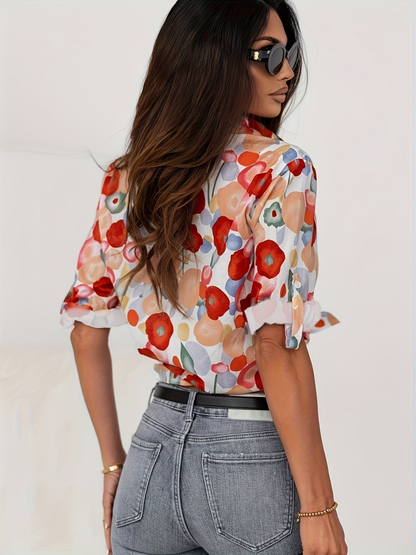 Ansfride Linen Floral Button-Down Blouse