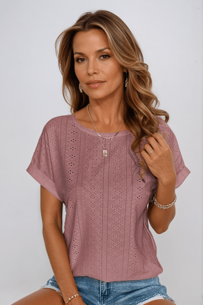 Isoline Cotton Eyelet Short Sleeve Round Neck Top