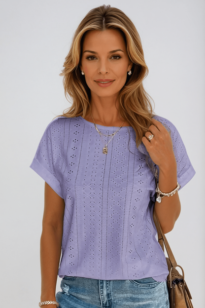 Isoline Cotton Eyelet Short Sleeve Round Neck Top