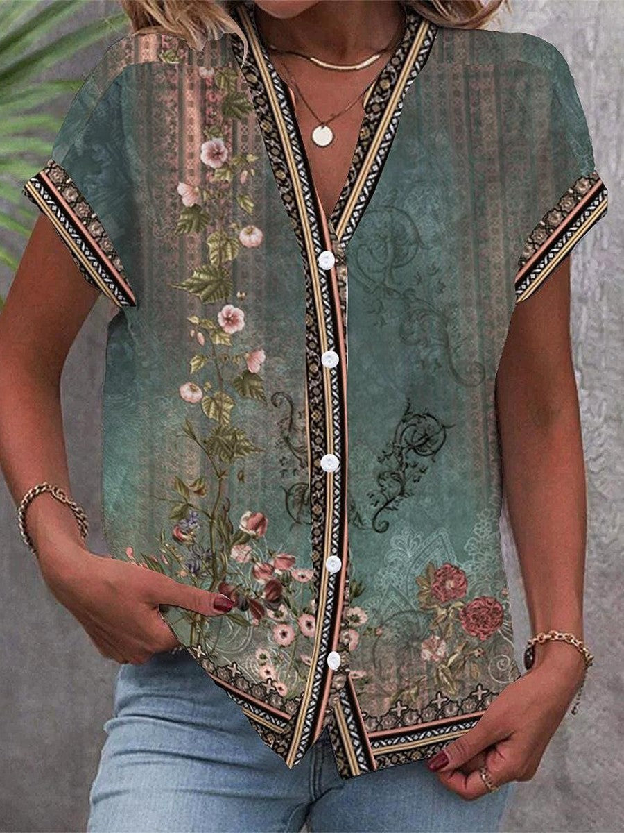 Jeanneton Floral Button-Down V-Neck Blouse
