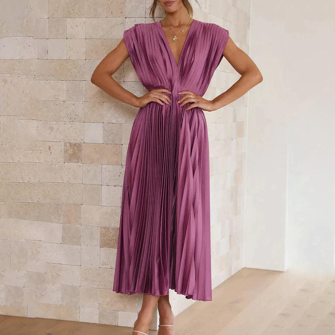 Anahit Wedding Guest Pleated Midi Dress with V-Neck