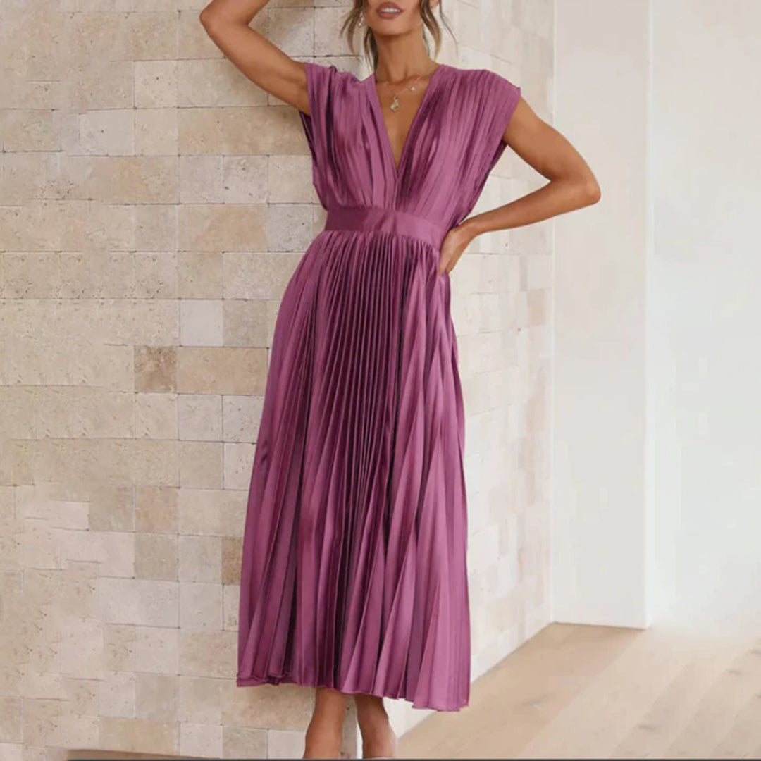 Anahit Wedding Guest Pleated Midi Dress with V-Neck