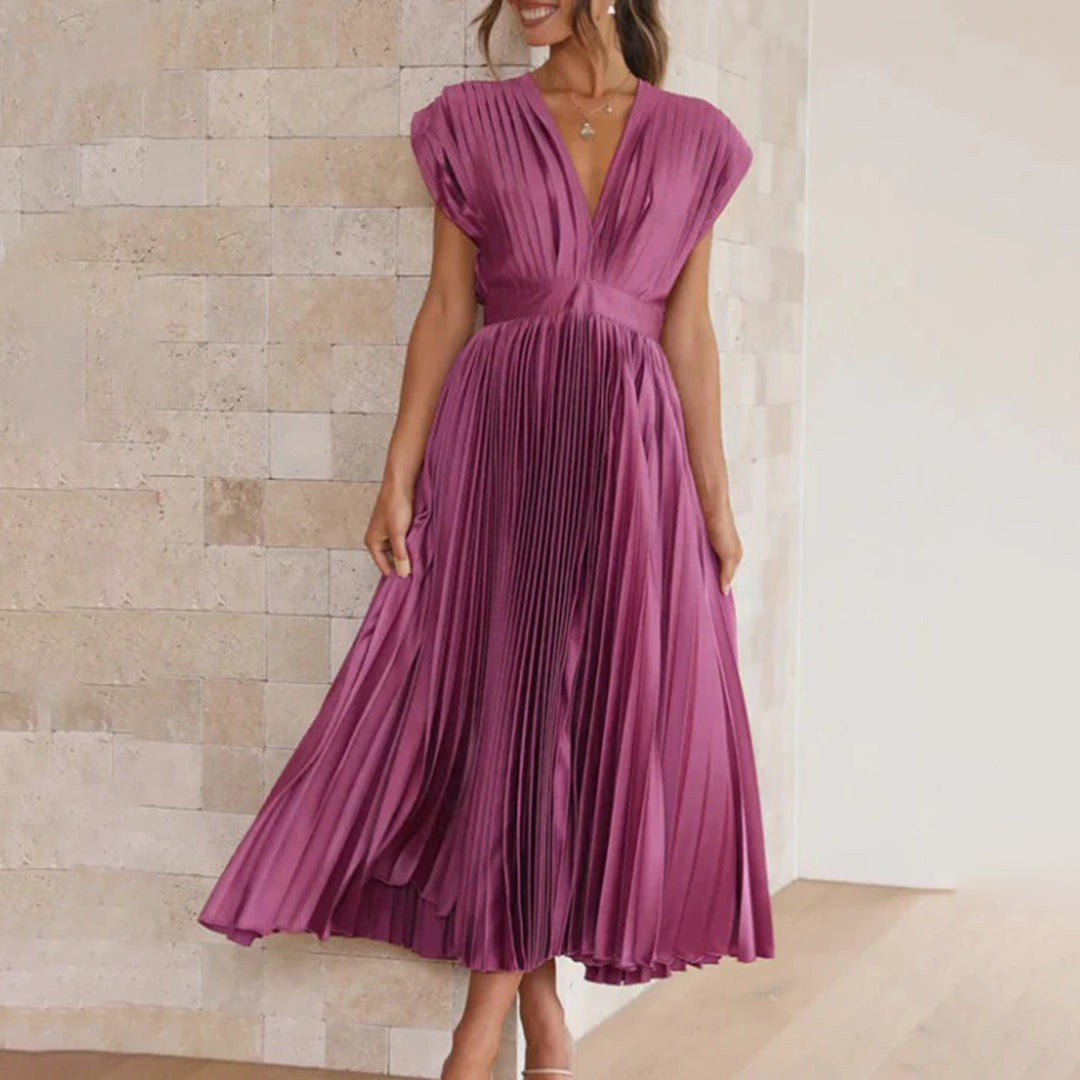 Anahit Wedding Guest Pleated Midi Dress with V-Neck