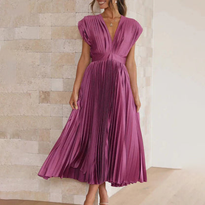 Anahit Wedding Guest Pleated Midi Dress with V-Neck