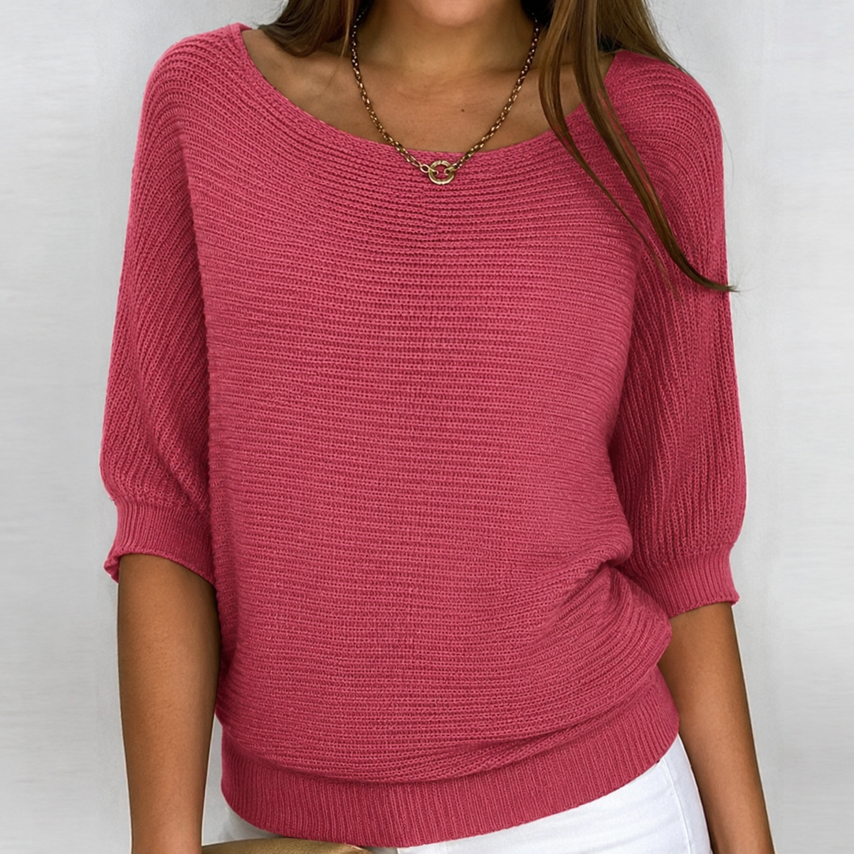 Flaviane Cotton-Blend Ribbed Knit Three-Quarter Sleeve Sweater