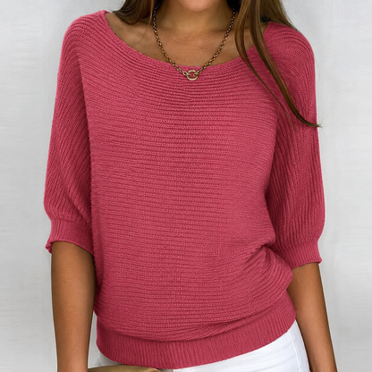 Flaviane Cotton-Blend Ribbed Knit Three-Quarter Sleeve Sweater