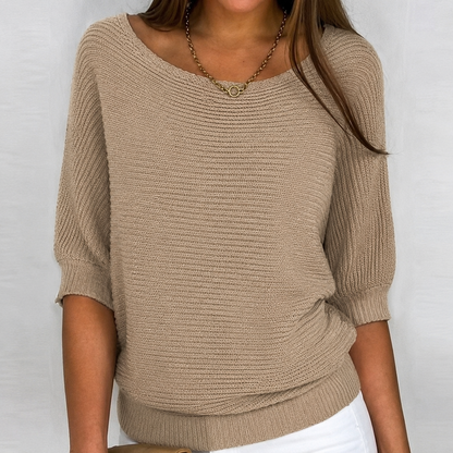 Flaviane Cotton-Blend Ribbed Knit Three-Quarter Sleeve Sweater