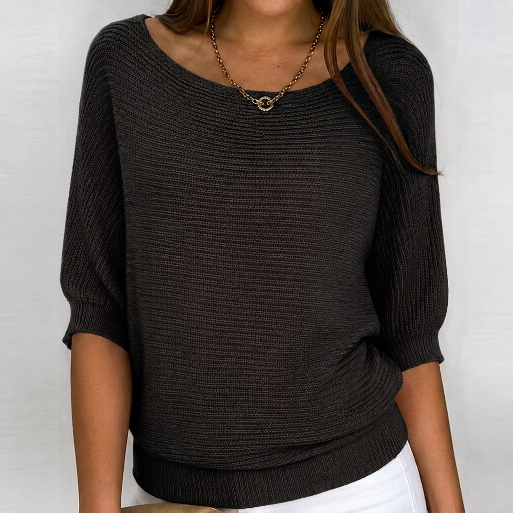 Flaviane Cotton-Blend Ribbed Knit Three-Quarter Sleeve Sweater