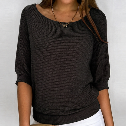 Flaviane Cotton-Blend Ribbed Knit Three-Quarter Sleeve Sweater