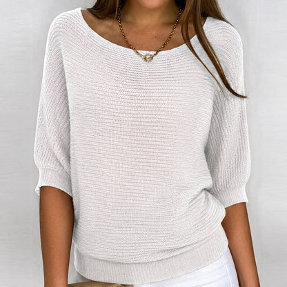 Flaviane Cotton-Blend Ribbed Knit Three-Quarter Sleeve Sweater