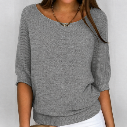 Flaviane Cotton-Blend Ribbed Knit Three-Quarter Sleeve Sweater