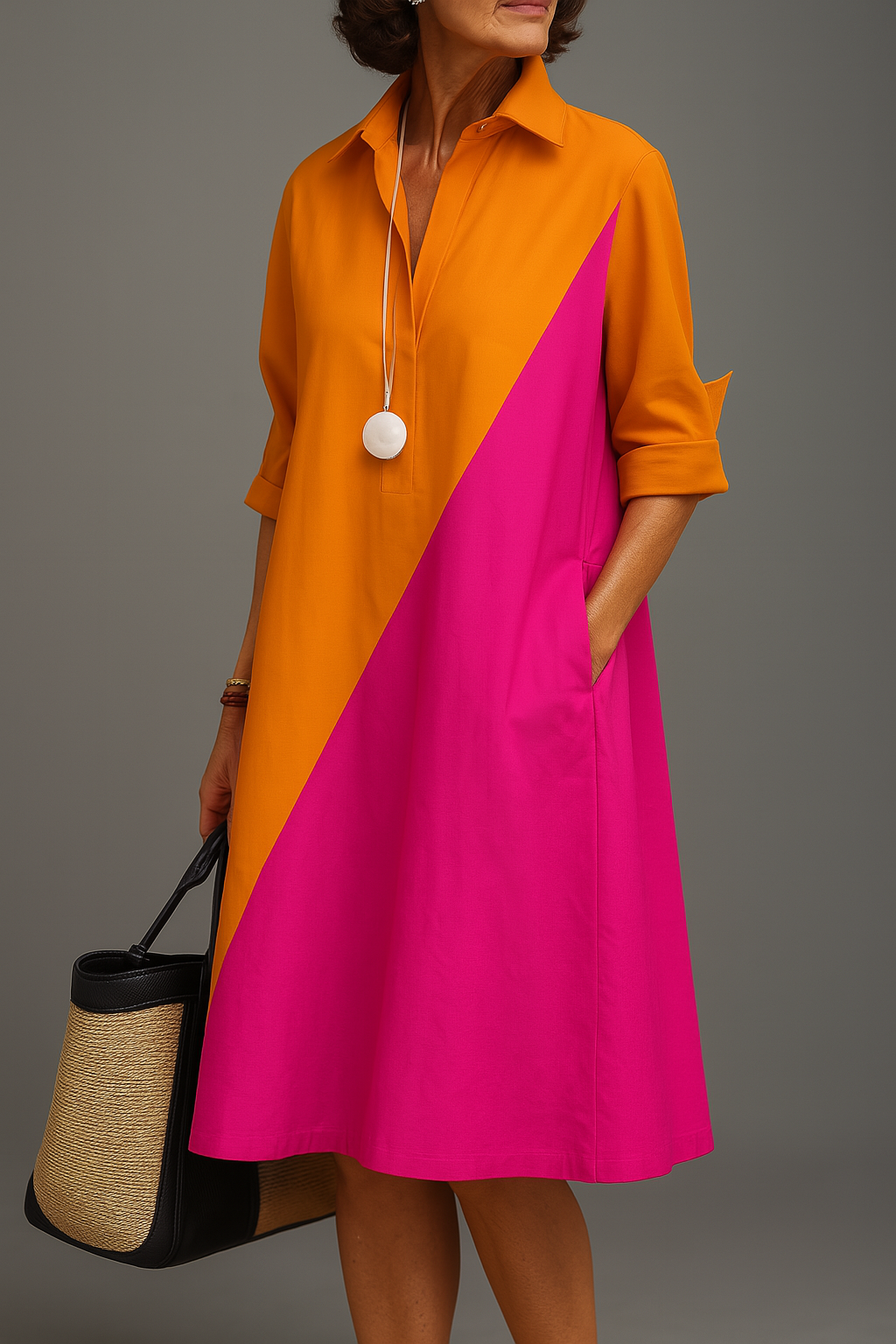 Genevote Collared A-Line Midi Dress with Diagonal Colorblock