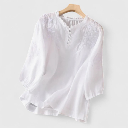 Ysabelet Linen Blouse with Embroidered Ruffle Collar