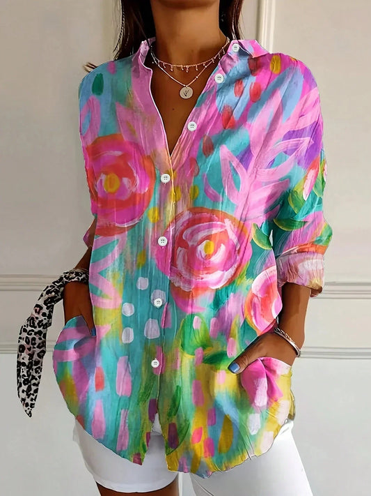 Rhoxane Abstract Print Button-Down Blouse with Oversized Fit