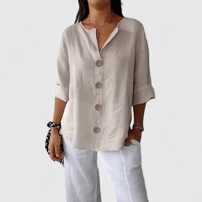 Galswinthe Button-Down Roll-Tab Sleeve Blouse